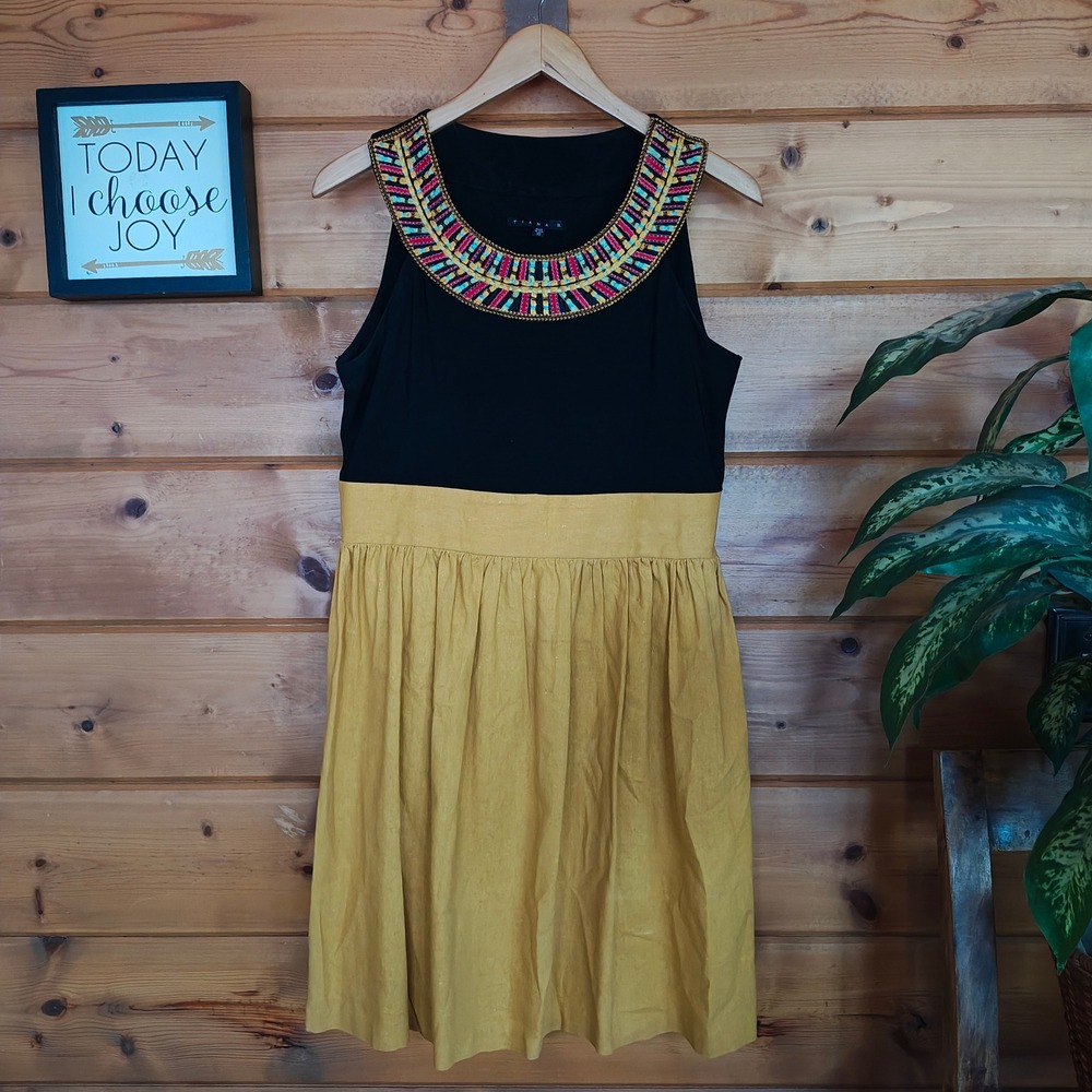 Tiana B Linen Blend Dress Multi Tribal Embroidered Scoop Neck Pleated Zip Sz 10